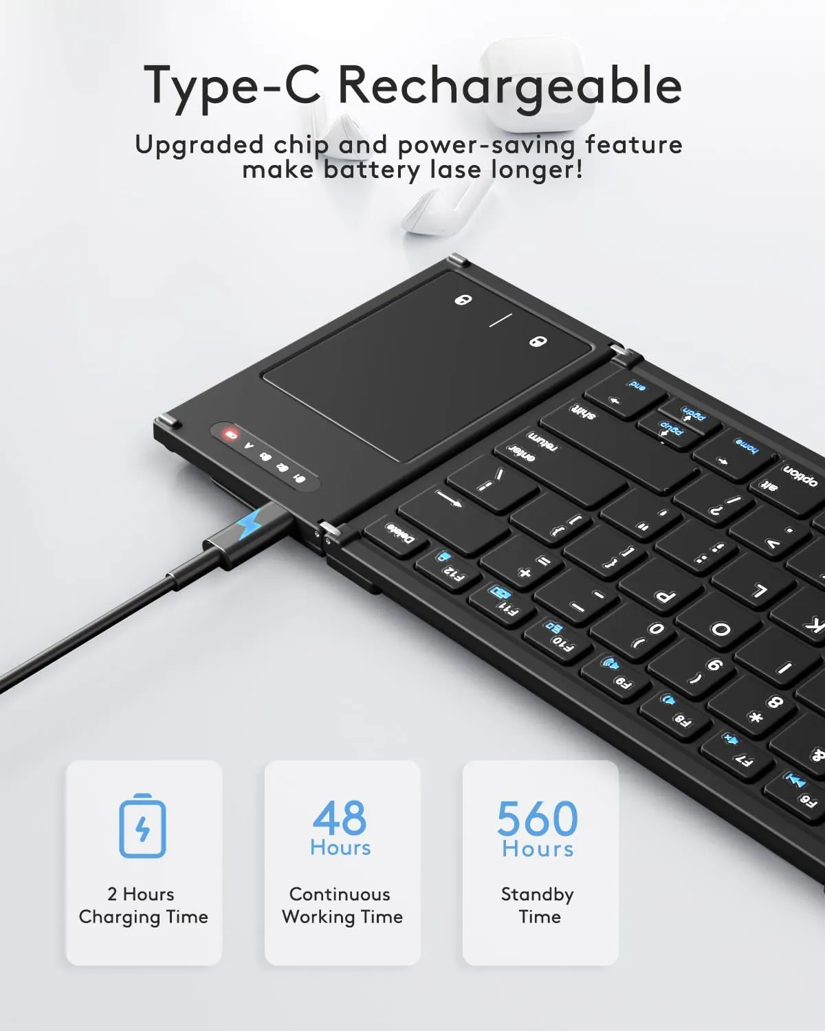 Samsers Foldable Bluetooth Keyboard with Touchpad, Full-Size Wireless Folding Key Board with Holder, Rechargeable Portable Travel for iOS Windows Android Mac OS, Support 3 Devices (BT5.1 x 3)