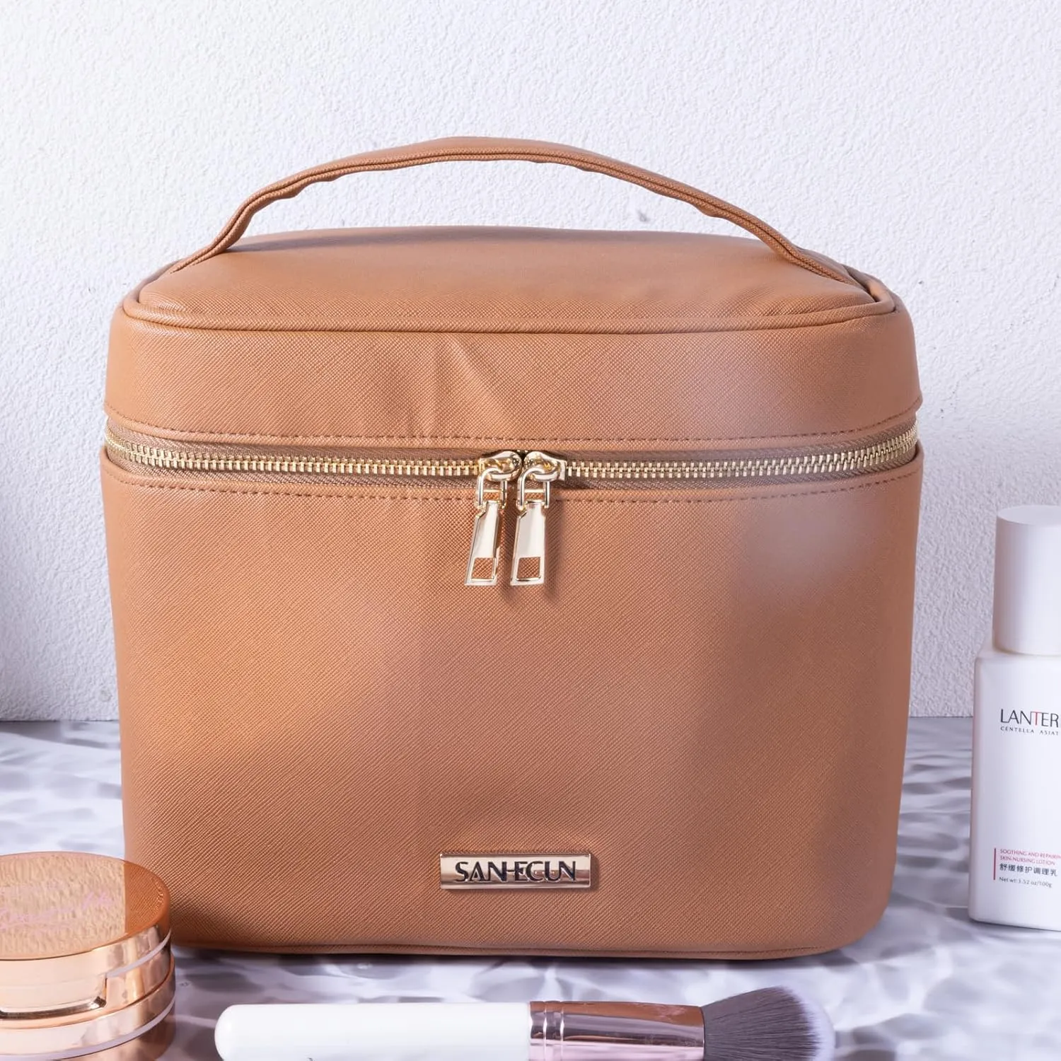 SANHECUN Travel Cosmetic Makeup Essentials Bag case Brush Case Wash Bag Cosmetic Pouch Set Organization (3, Brown)