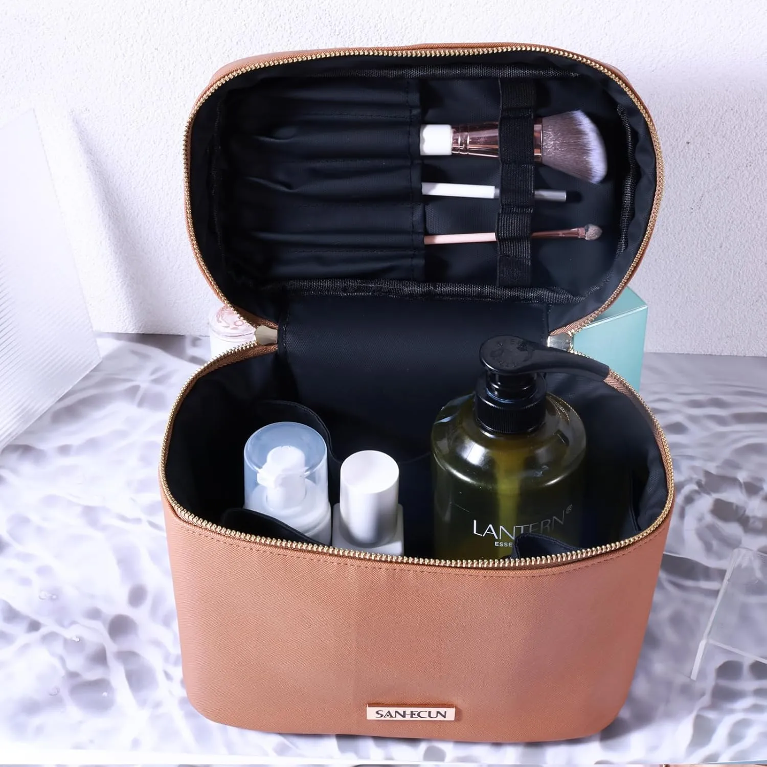 SANHECUN Travel Cosmetic Makeup Essentials Bag case Brush Case Wash Bag Cosmetic Pouch Set Organization (3, Brown)