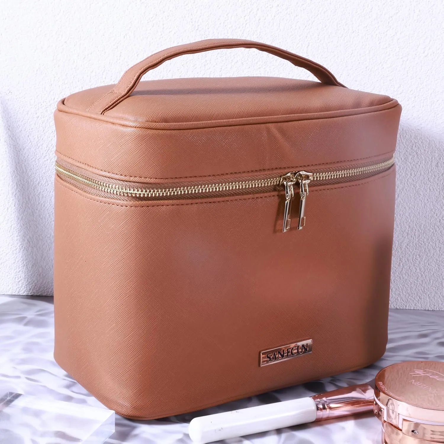 SANHECUN Travel Cosmetic Makeup Essentials Bag case Brush Case Wash Bag Cosmetic Pouch Set Organization (3, Brown)