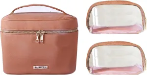 SANHECUN Travel Cosmetic Makeup Essentials Bag case Brush Case Wash Bag Cosmetic Pouch Set Organization (3, Brown)