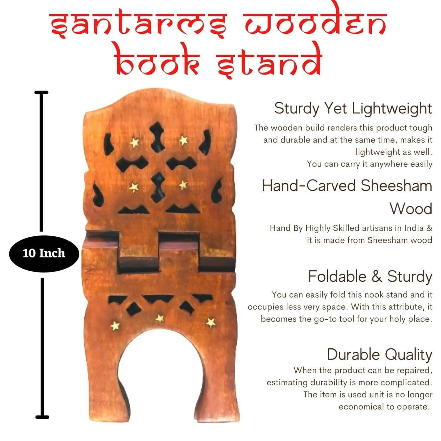 Santarms Wooden Foldable Book Stand Rehal for Reading (10 inches)