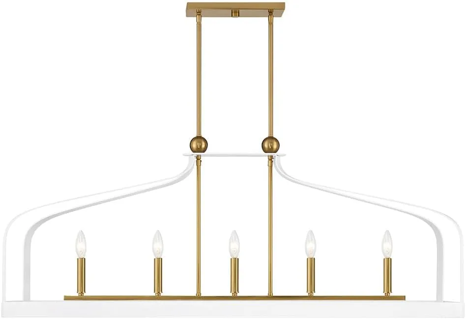 Savoy House 1-7804-5-142 Sheffield Modern Linear Chandelier, 5-Light 300 Total Watts, 19" H x 46" L, White & Warm Brass Accents