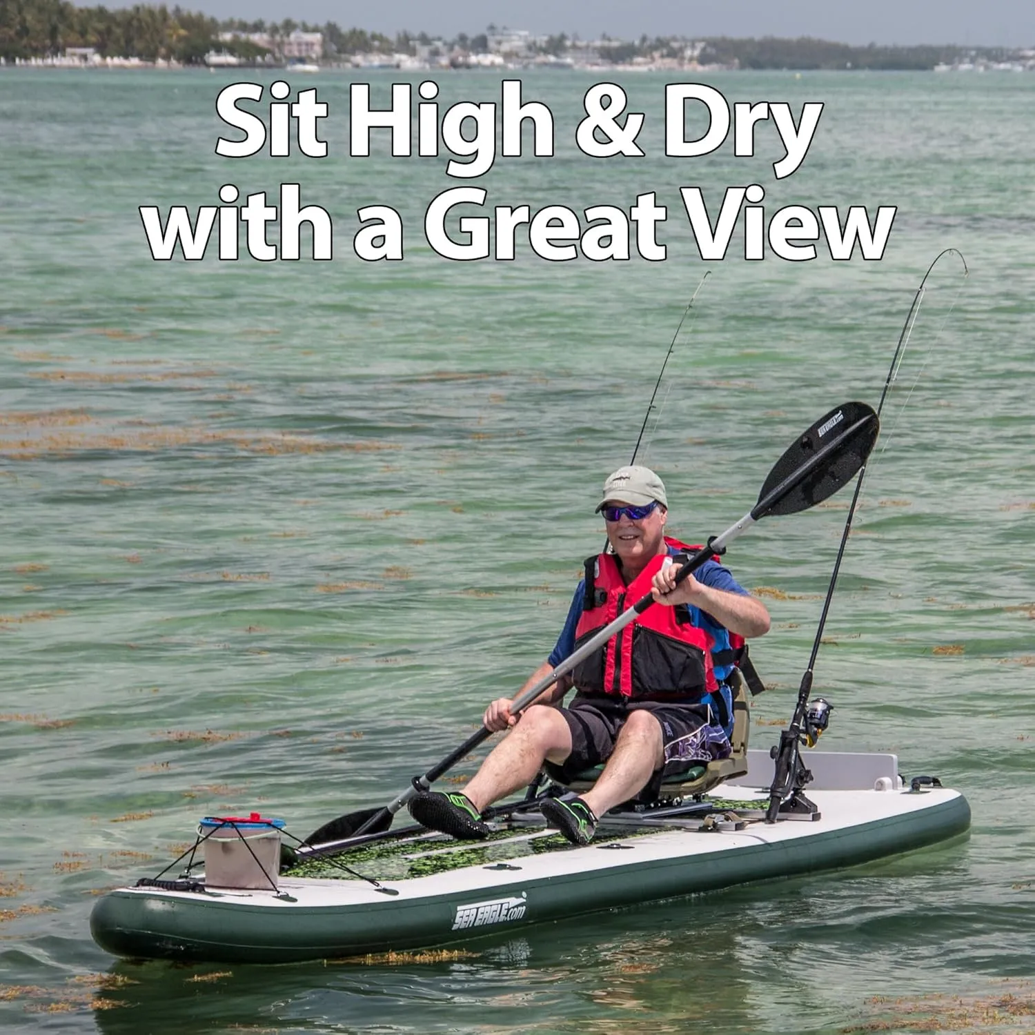 Sea Eagle FS126 12’6” Inflatable FishSUP Fishing Stand-Up Paddleboard w/Paddle(s), Pump, Removable Transom, Backpack/Optional Seat - Sit, Stand, Fish, Motor, or Troll
