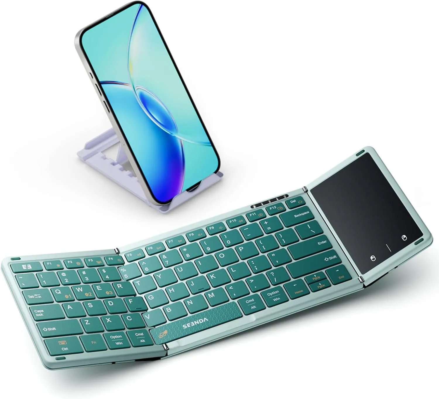 seenda Foldable Bluetooth Keyboard with Touchpad, Travel Folding Keyboard with PU Leather & Phone Holder, Small and Portable for iPad Tablet Laptop for College Students - Sage Green