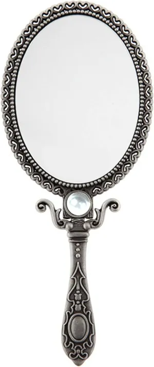 SEHAMANO Vintage Double Sided Handheld Makeup Metal Mirror/Decorated with Pearl/Folding Handle/Portable and Durable Hand Mirror (Matt Grey (Tin))