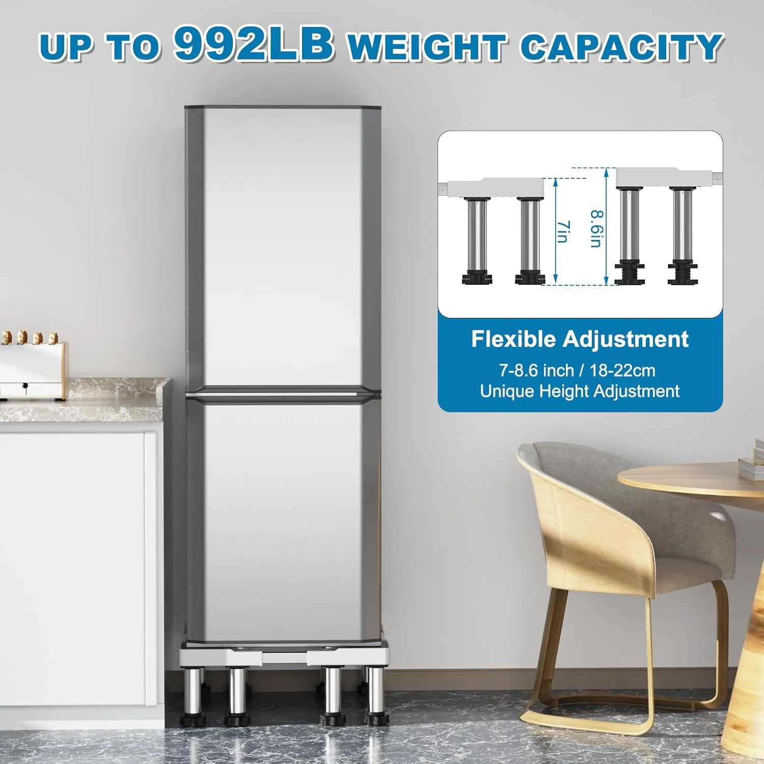 SEISSO Mini Fridge Stand Height 7"-8.6". Upgraded 8 Heavy Duty Feet Adjustable Universal Washing Machine Stand, Max Load 992LB. Refrigerator Stand, Washer and Dryer Stand for Home.