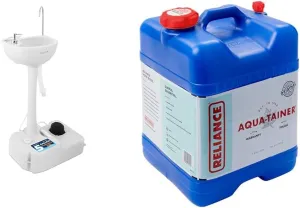SereneLife Portable Camping Sink Bundle with Towel Holder, Soap Dispenser, 19L Water Capacity and Reliance 7 Gallon Water Container