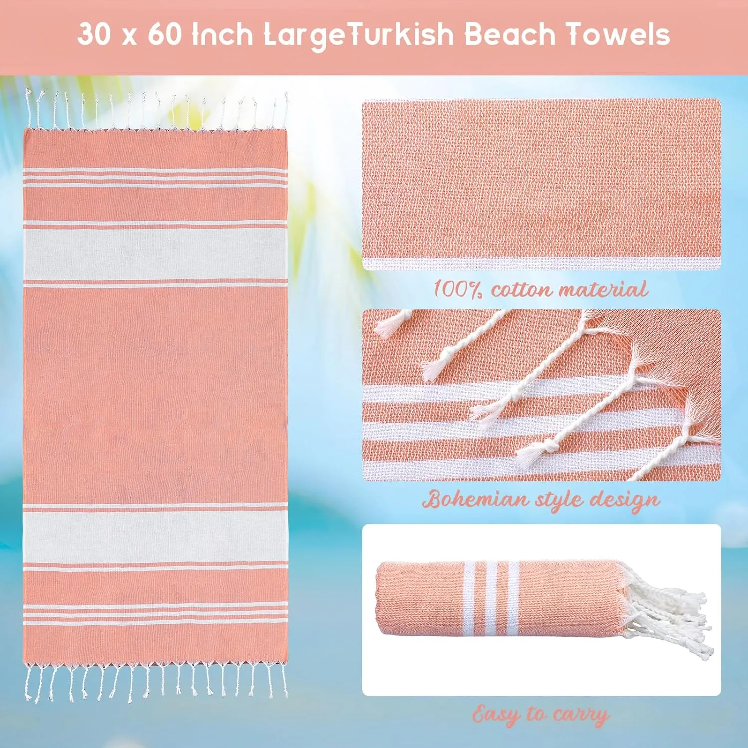 Set of 12 Turkish Beach Towels Bulk 100% Cotton Prewashed Quick Dry Travel Beach Towels for Vacation Essential Pool Sport Camping Swimming 30 x 60 Inch(Orange, Yellow)
