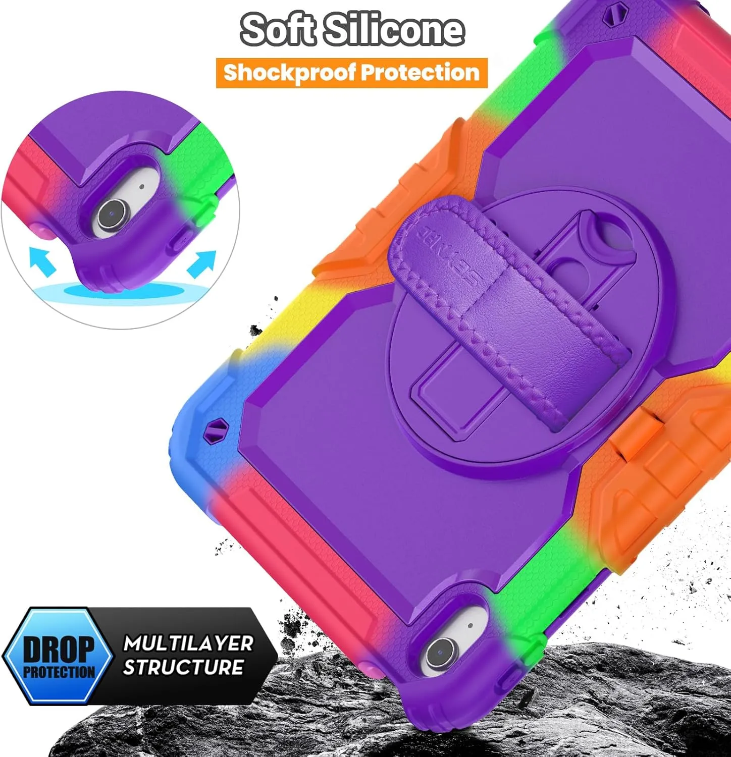 SEYMAC Case for iPad (A16) 11th/10th Generation 2025/2022 (11″/10.9″), Heavy Duty Full-Body Shockproof Protective Case with Screen Protector, Rotating Stand, Hand/Shoulder Strap, Colorful/Purple