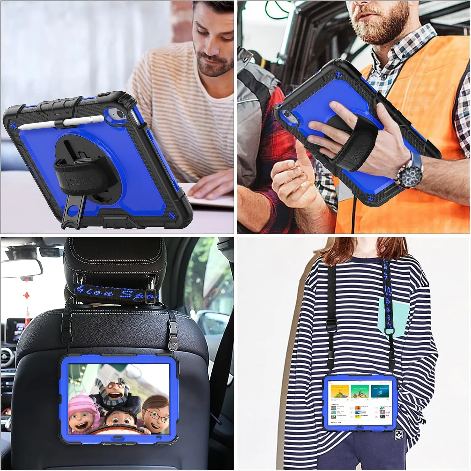 SEYMAC stock Case for iPad (A16) 11th/10th Generation 11''/10.9'' 2025/2022, Full-Body Drop Protection Case with Screen Protector &360° Rotate Hand Strap/Stand, Blue Black
