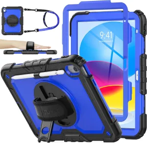 SEYMAC stock Case for iPad (A16) 11th/10th Generation 11''/10.9'' 2025/2022, Full-Body Drop Protection Case with Screen Protector &360° Rotate Hand Strap/Stand, Blue Black