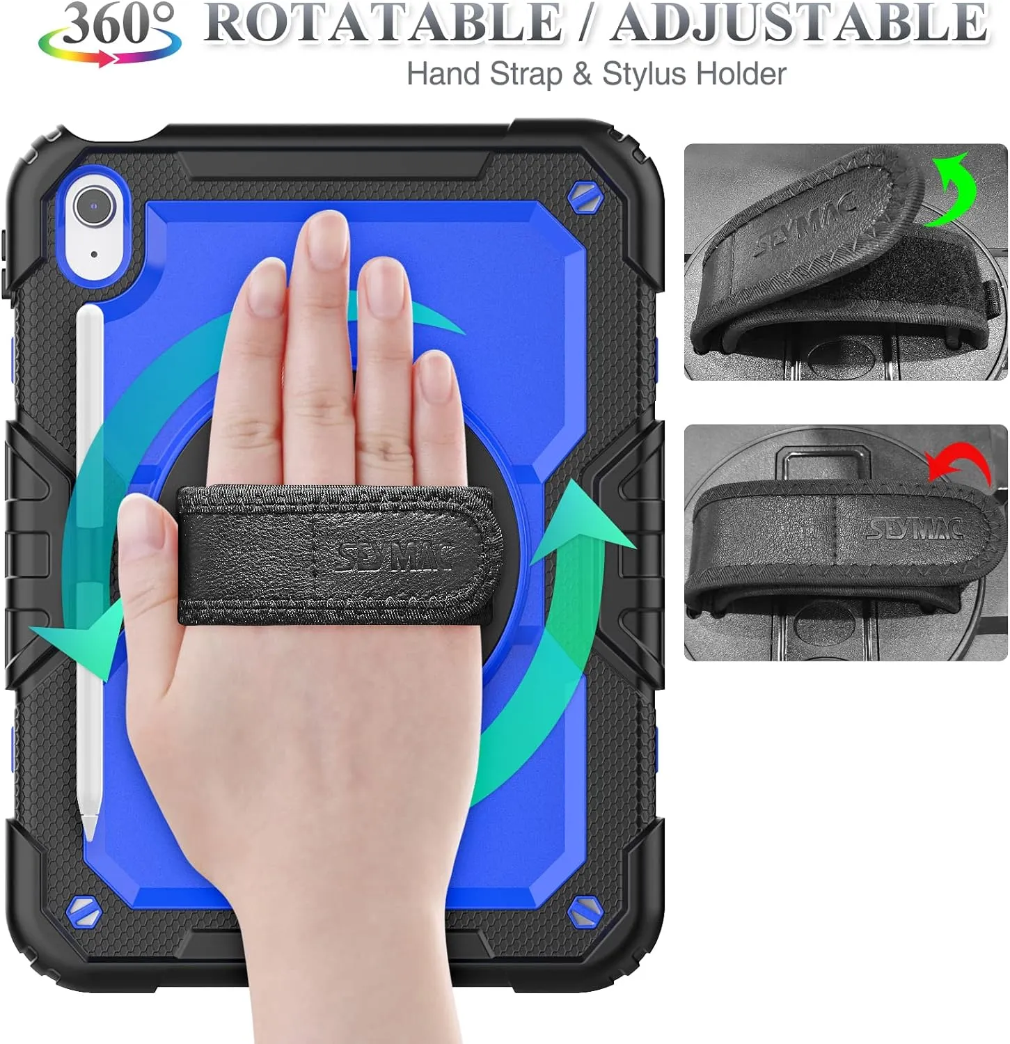 SEYMAC stock Case for iPad (A16) 11th/10th Generation 11''/10.9'' 2025/2022, Full-Body Drop Protection Case with Screen Protector &360° Rotate Hand Strap/Stand, Blue Black