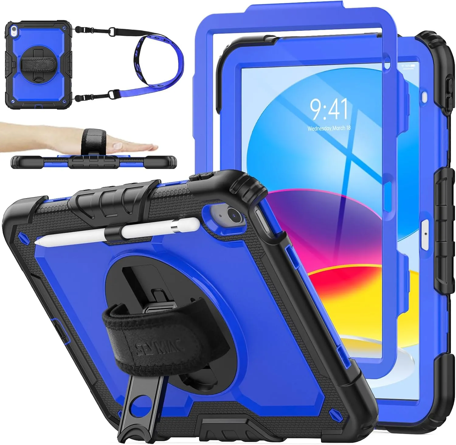 SEYMAC stock Case for iPad (A16) 11th/10th Generation 11''/10.9'' 2025/2022, Full-Body Drop Protection Case with Screen Protector &360° Rotate Hand Strap/Stand, Blue Black