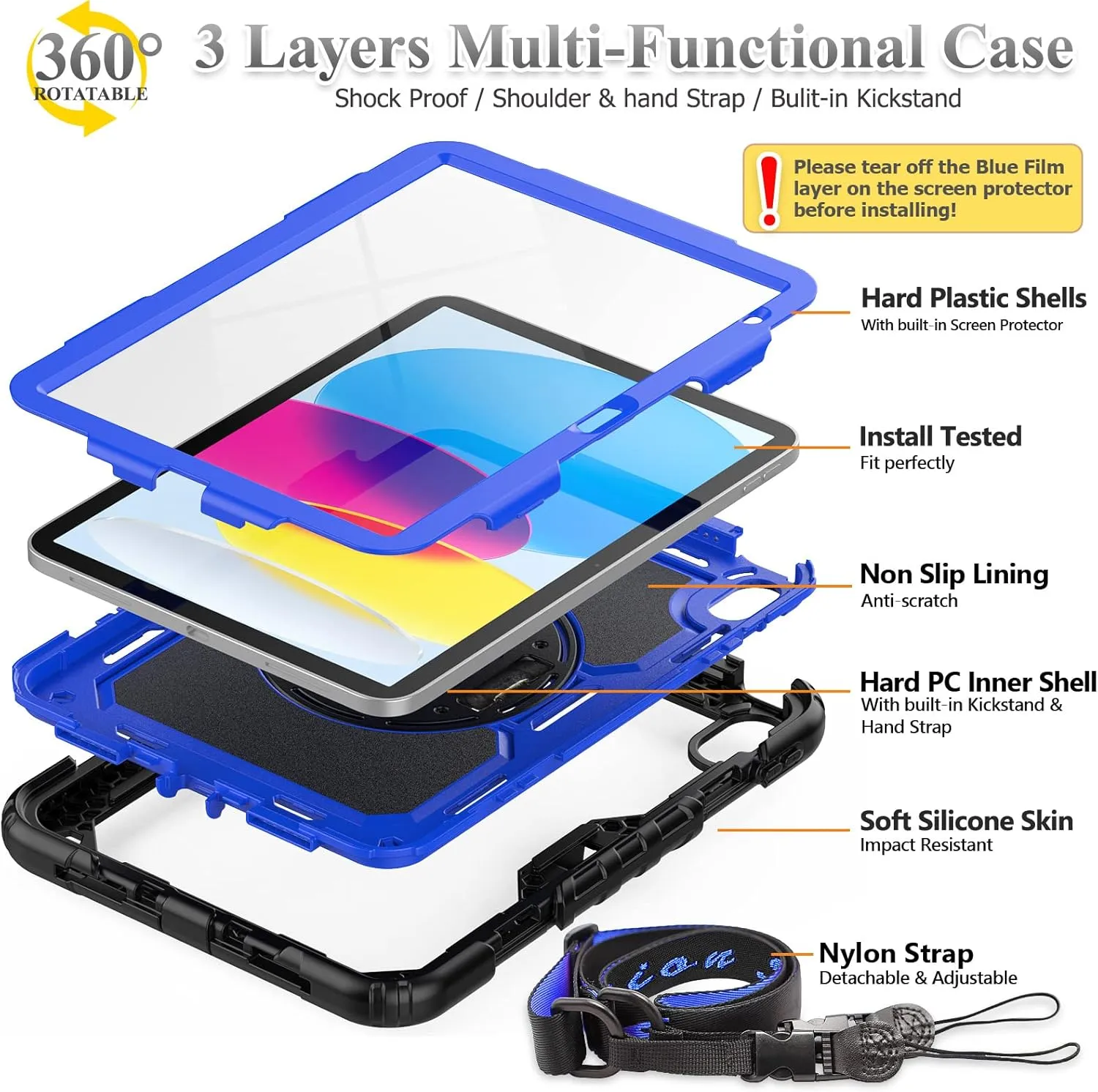 SEYMAC stock Case for iPad (A16) 11th/10th Generation 11''/10.9'' 2025/2022, Full-Body Drop Protection Case with Screen Protector &360° Rotate Hand Strap/Stand, Blue Black