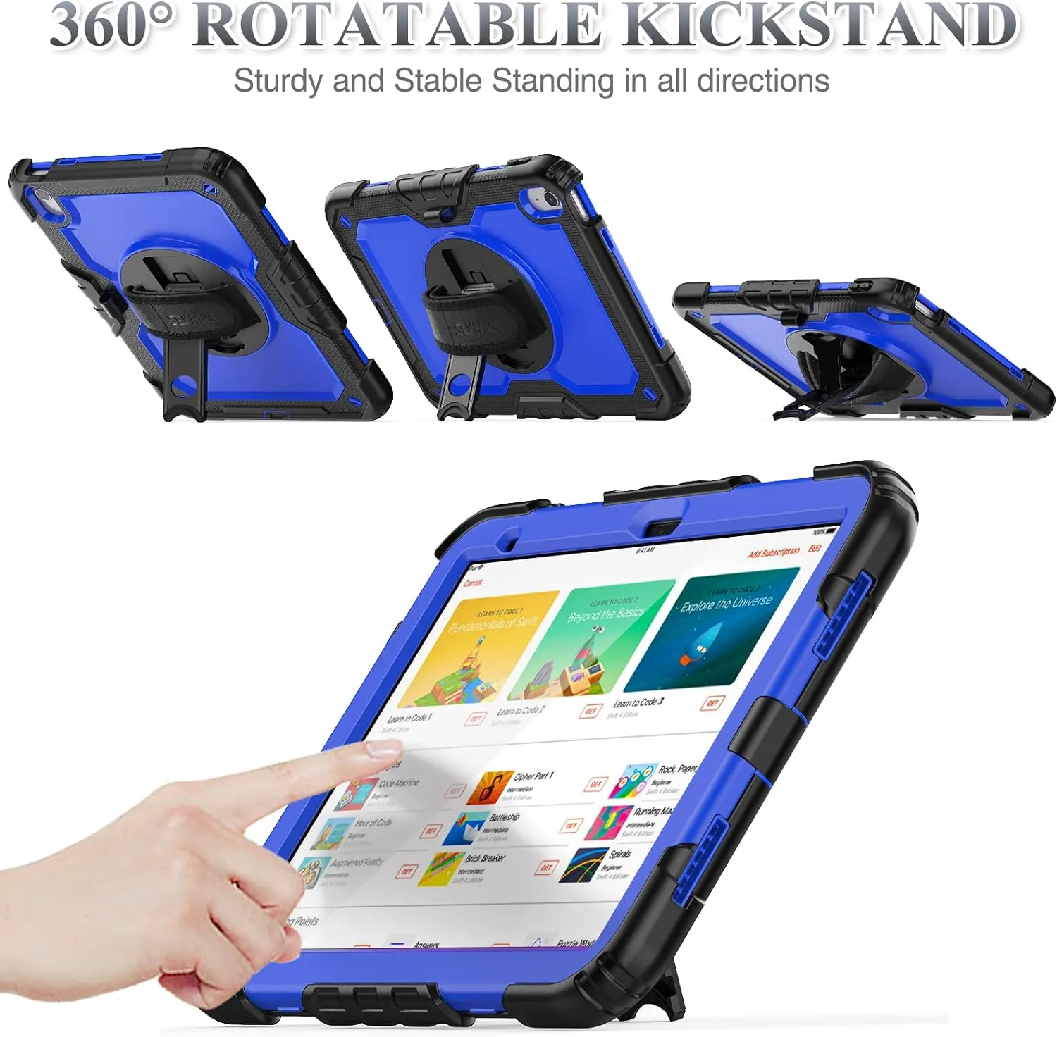 SEYMAC stock Case for iPad (A16) 11th/10th Generation 11''/10.9'' 2025/2022, Full-Body Drop Protection Case with Screen Protector &360° Rotate Hand Strap/Stand, Blue Black