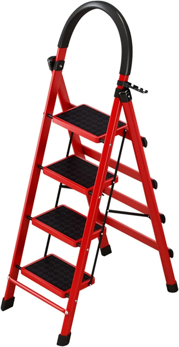 SHU Household can Bear 150kg Climbing Ladder Multi-Functional Flower Stand Folding Thickness 6 cm Portable 4-Step Ladder (Color : Red)