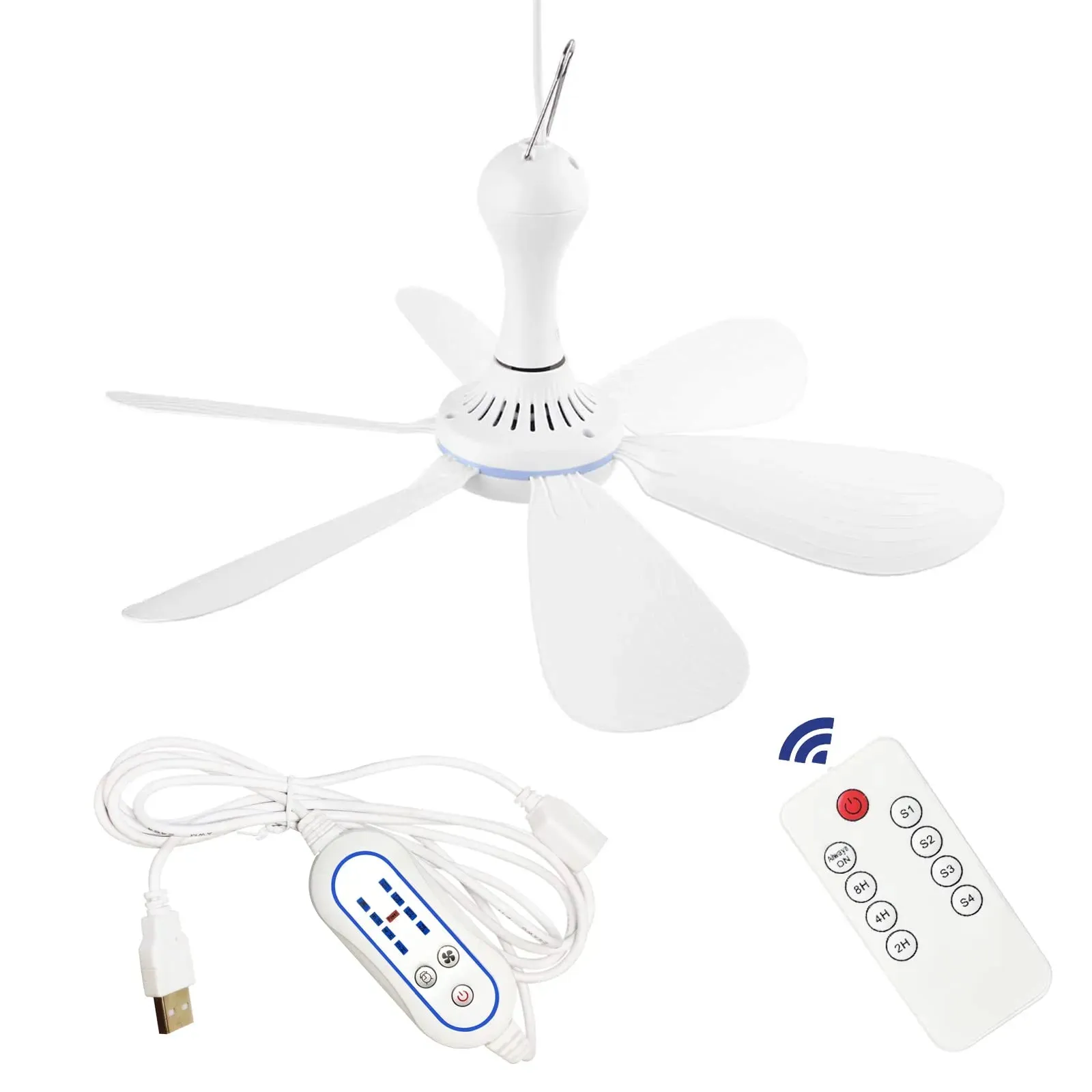 Silent 6 Leaves USB Powered Ceiling Canopy Fan with Remote Control Timing 4 Speed Hanging Fan for Camping Bed Dormitory Tent New