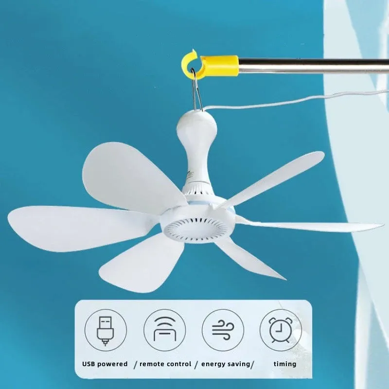 Silent 6 Leaves USB Powered Ceiling Canopy Fan with Remote Control Timing 4 Speed Hanging Fan for Camping Bed Dormitory Tent New
