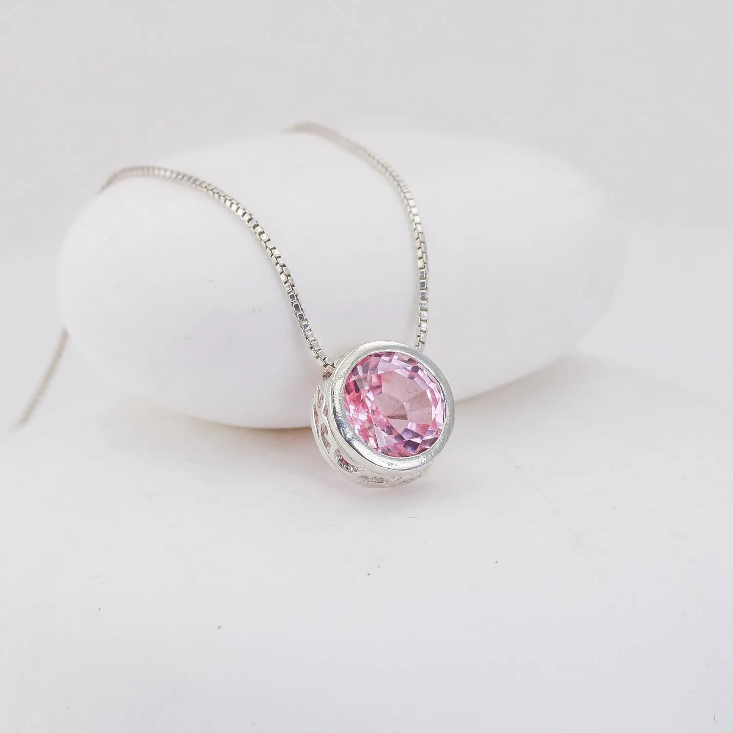 Silver Pink Sapphire Necklace, Slider Solitaire Gemstone Pendant with 18" Box Chain; Pink Sapphire Birthstone Pendant Gemstone for women by Lotus Stone Design (18, pink sapphire)