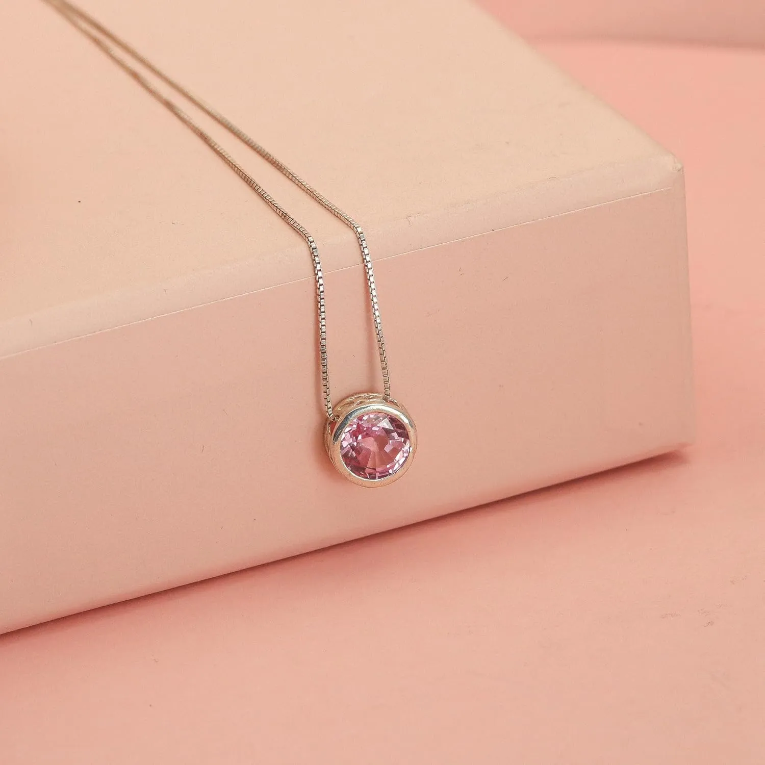 Silver Pink Sapphire Necklace, Slider Solitaire Gemstone Pendant with 18" Box Chain; Pink Sapphire Birthstone Pendant Gemstone for women by Lotus Stone Design (18, pink sapphire)