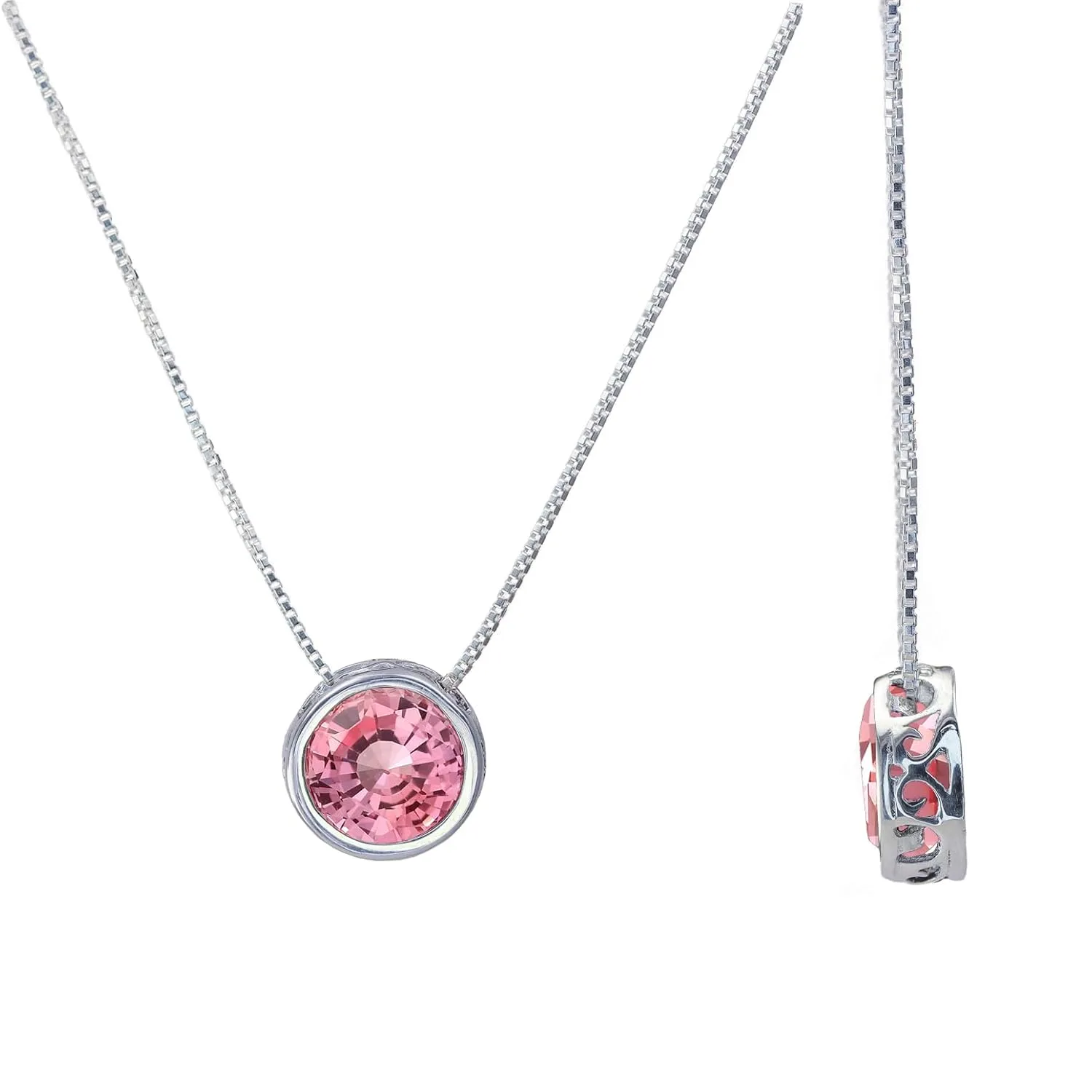Silver Pink Sapphire Necklace, Slider Solitaire Gemstone Pendant with 18" Box Chain; Pink Sapphire Birthstone Pendant Gemstone for women by Lotus Stone Design (18, pink sapphire)