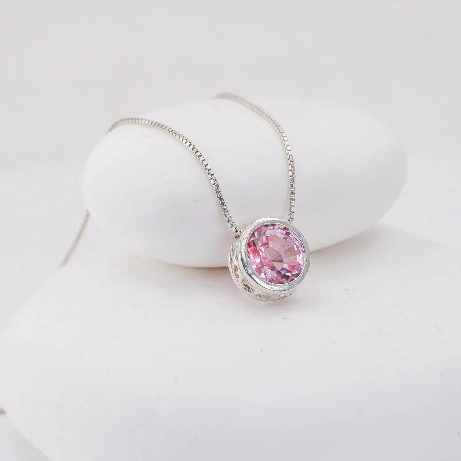Silver Pink Sapphire Necklace, Slider Solitaire Gemstone Pendant with 18" Box Chain; Pink Sapphire Birthstone Pendant Gemstone for women by Lotus Stone Design (18, pink sapphire)