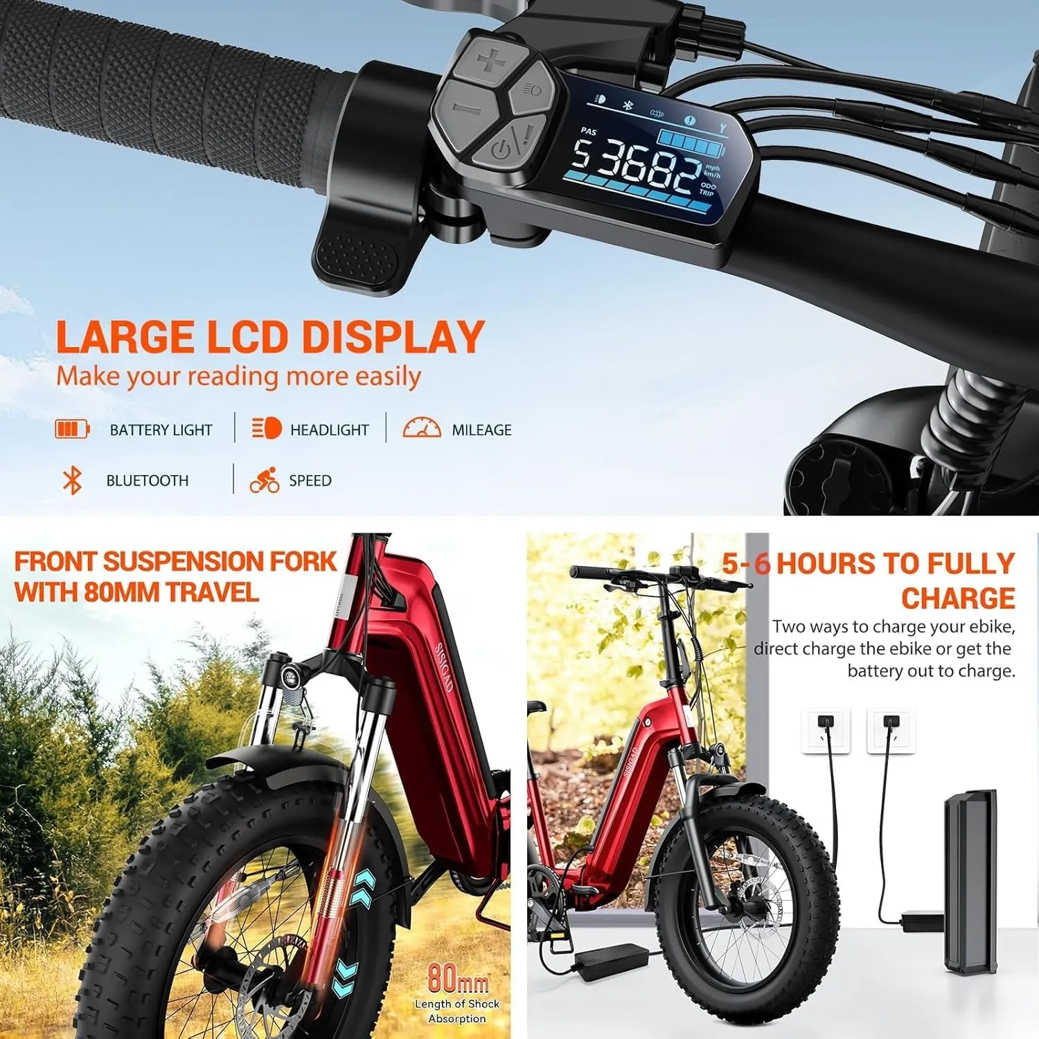 SISIGAD 1500W Peak Electric Bike for Adults,48V/10.4AH Removable Battery Folding Ebike Max Range 60Miles & 25MPH Fast Electric Bicycle 20"x 4"Fat Tire E-Bike for Adults Commute Mountain E-Bike