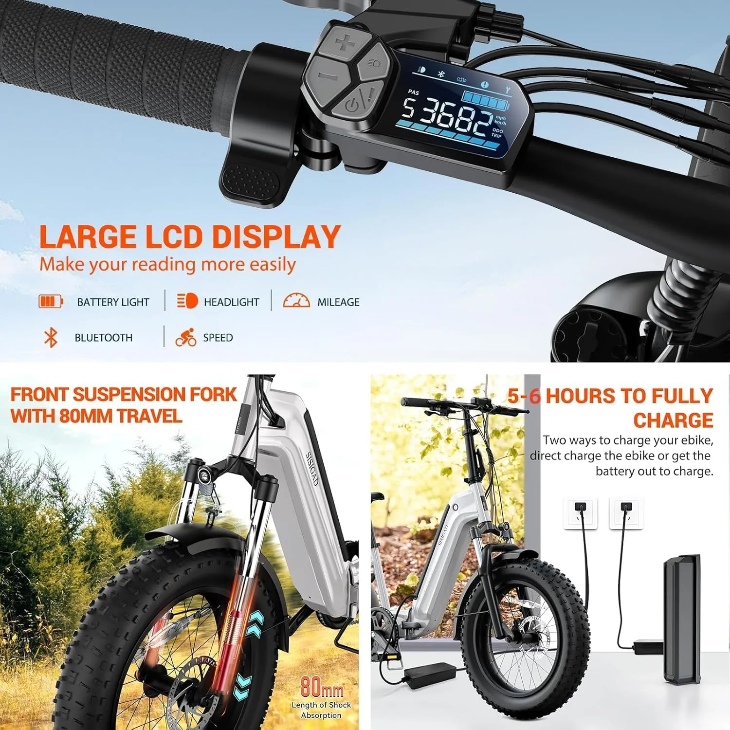SISIGAD 1500W Peak Electric Bike for Adults,48V/10.4AH Removable Battery Folding Ebike Max Range 60Miles & 25MPH Fast Electric Bicycle 20"x 4"Fat Tire E-Bike for Adults Commute Mountain E-Bike