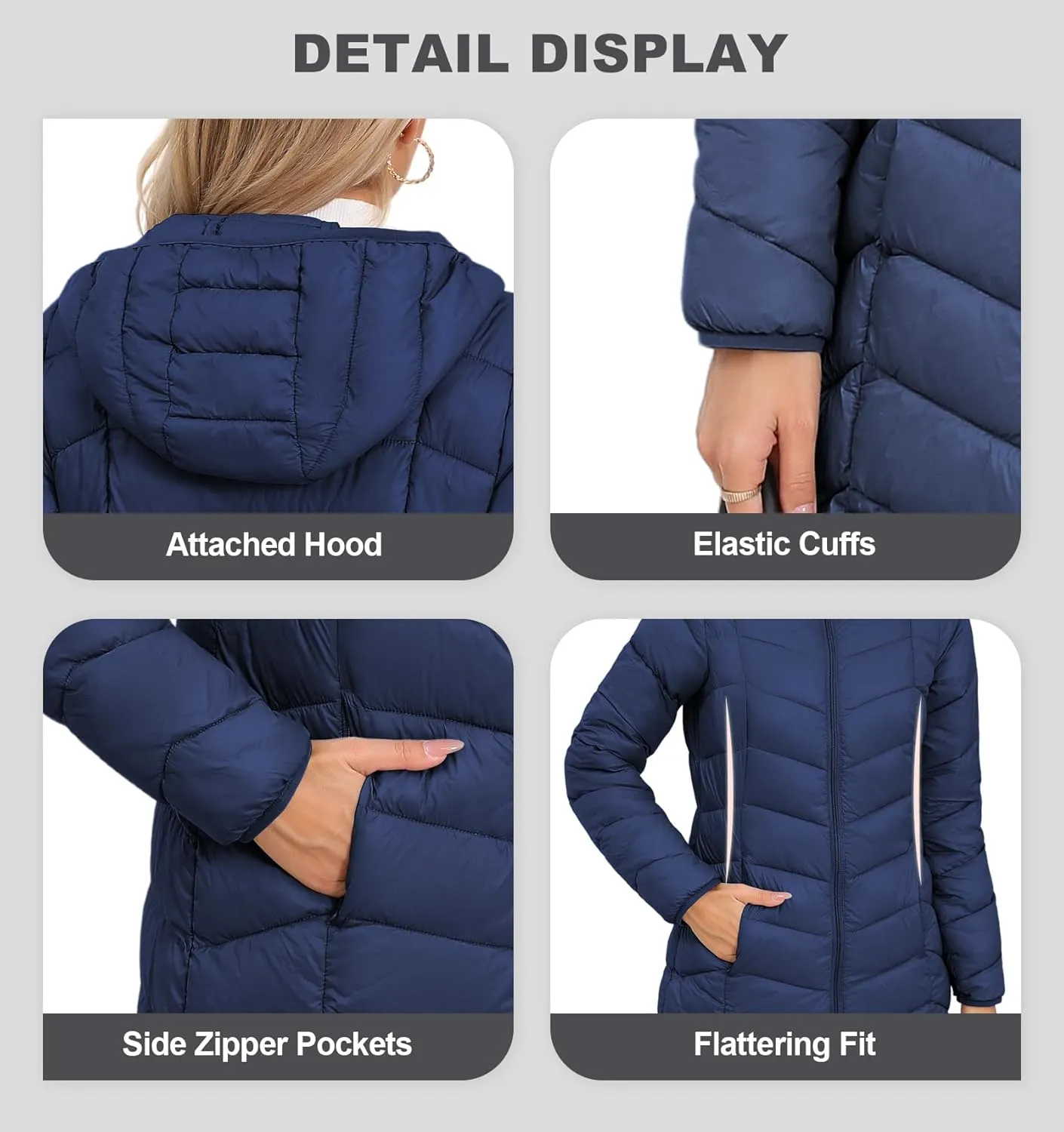 SLOWTOWN Women’s Packable Puffer Coat Lightweight Hooded Puffer Jakcet Mid Length Warm Winter Coat
