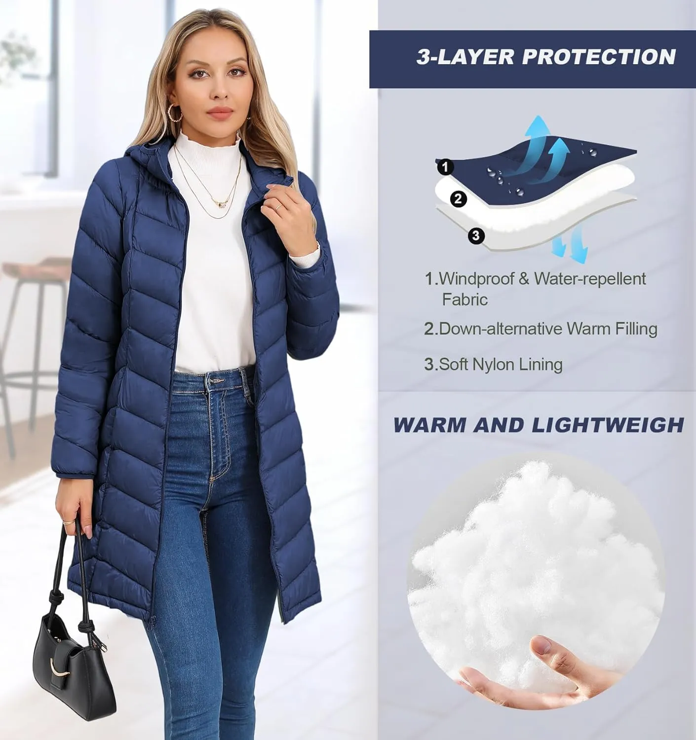 SLOWTOWN Women’s Packable Puffer Coat Lightweight Hooded Puffer Jakcet Mid Length Warm Winter Coat