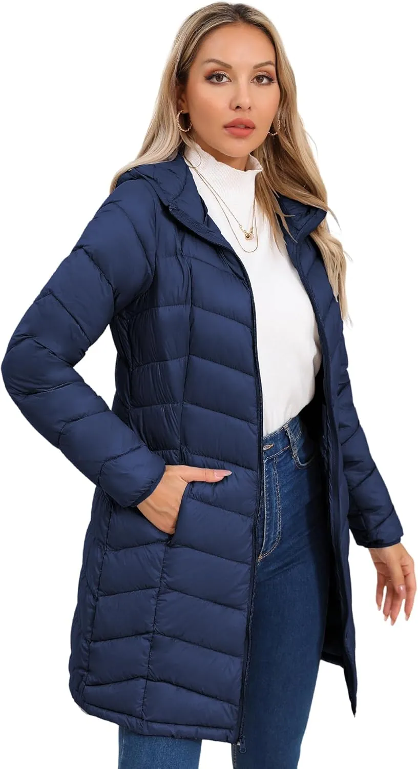 SLOWTOWN Women’s Packable Puffer Coat Lightweight Hooded Puffer Jakcet Mid Length Warm Winter Coat