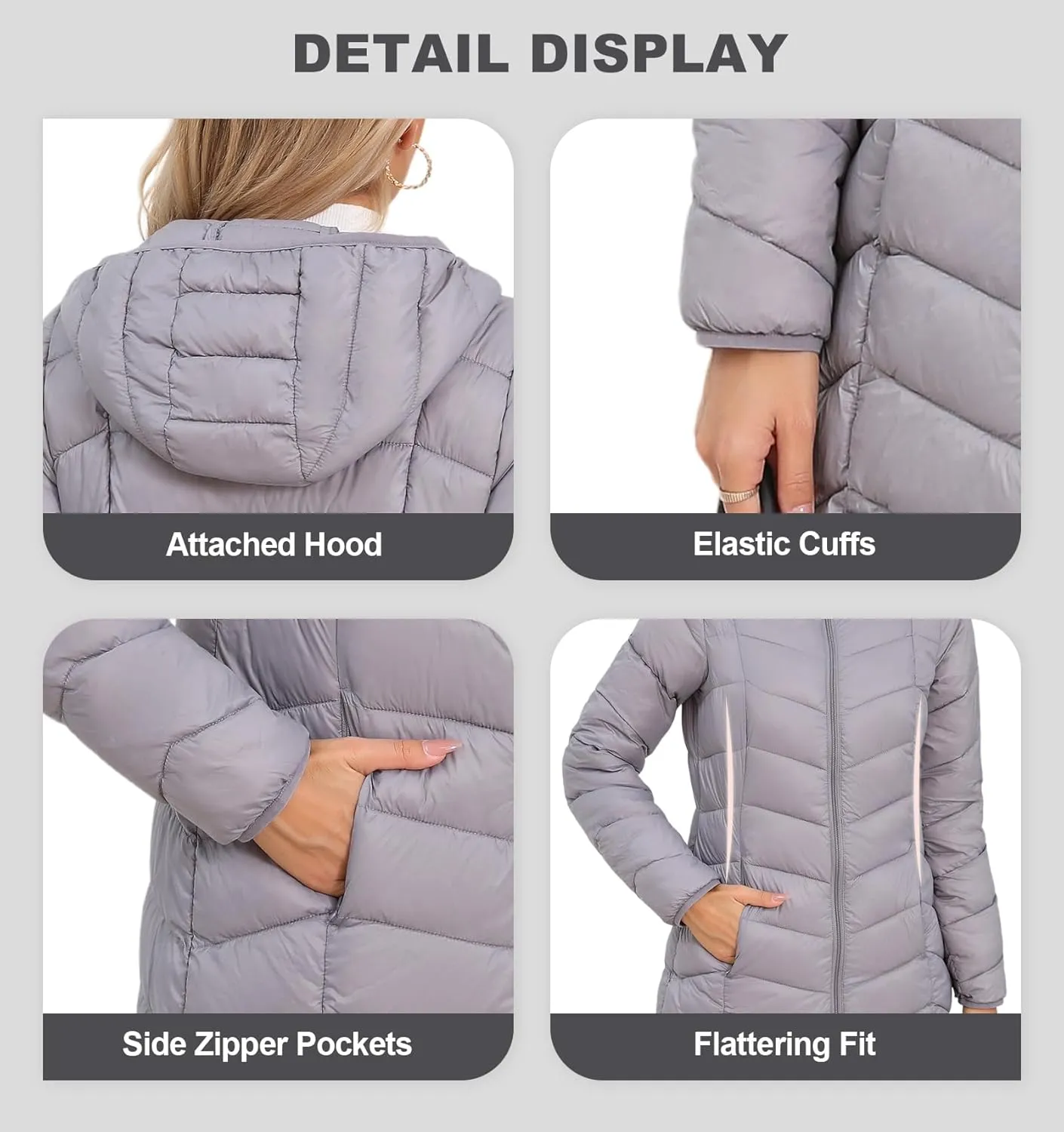 SLOWTOWN Women’s Packable Puffer Coat Lightweight Hooded Puffer Jakcet Mid Length Warm Winter Coat