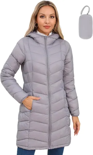 SLOWTOWN Women’s Packable Puffer Coat Lightweight Hooded Puffer Jakcet Mid Length Warm Winter Coat