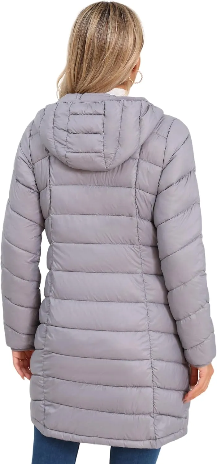SLOWTOWN Women’s Packable Puffer Coat Lightweight Hooded Puffer Jakcet Mid Length Warm Winter Coat