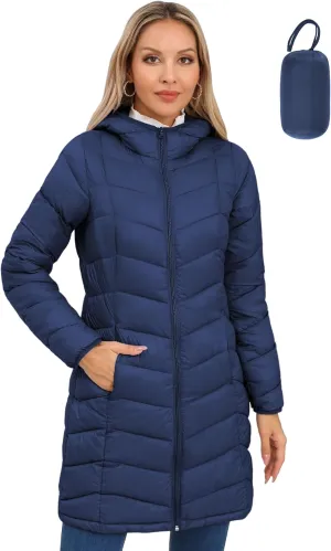 SLOWTOWN Women’s Packable Puffer Coat Lightweight Hooded Puffer Jakcet Mid Length Warm Winter Coat