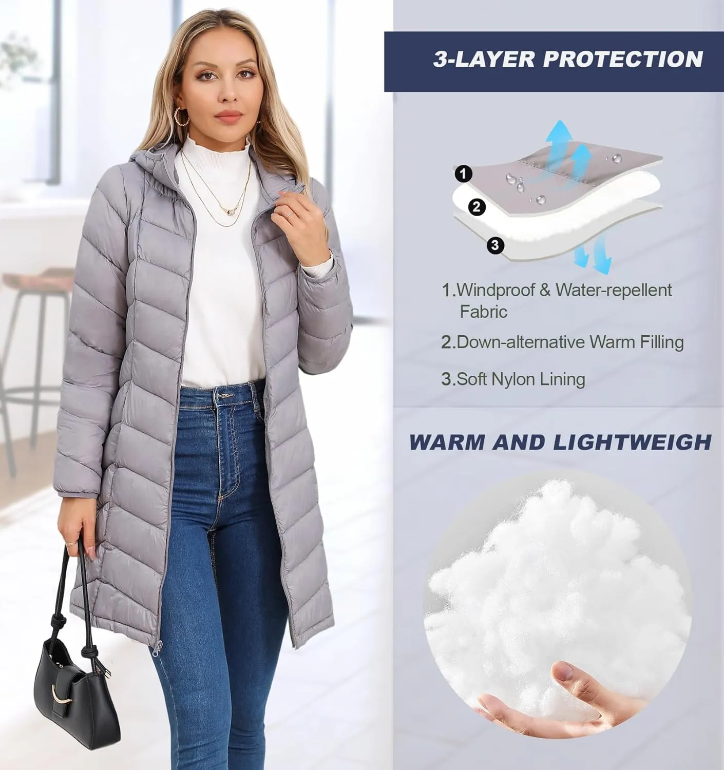 SLOWTOWN Women’s Packable Puffer Coat Lightweight Hooded Puffer Jakcet Mid Length Warm Winter Coat