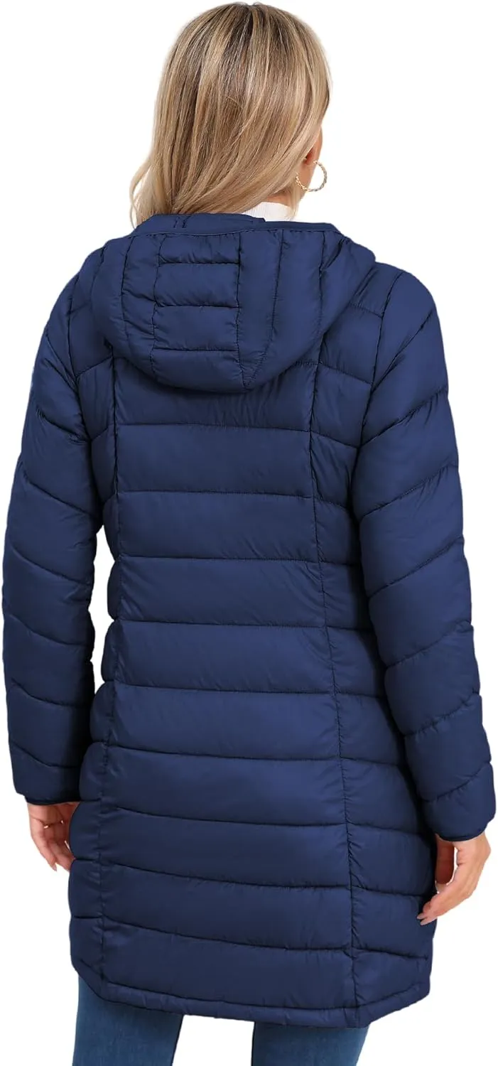 SLOWTOWN Women’s Packable Puffer Coat Lightweight Hooded Puffer Jakcet Mid Length Warm Winter Coat