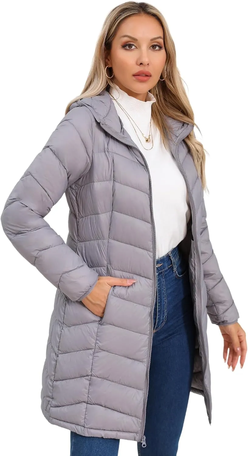 SLOWTOWN Women’s Packable Puffer Coat Lightweight Hooded Puffer Jakcet Mid Length Warm Winter Coat
