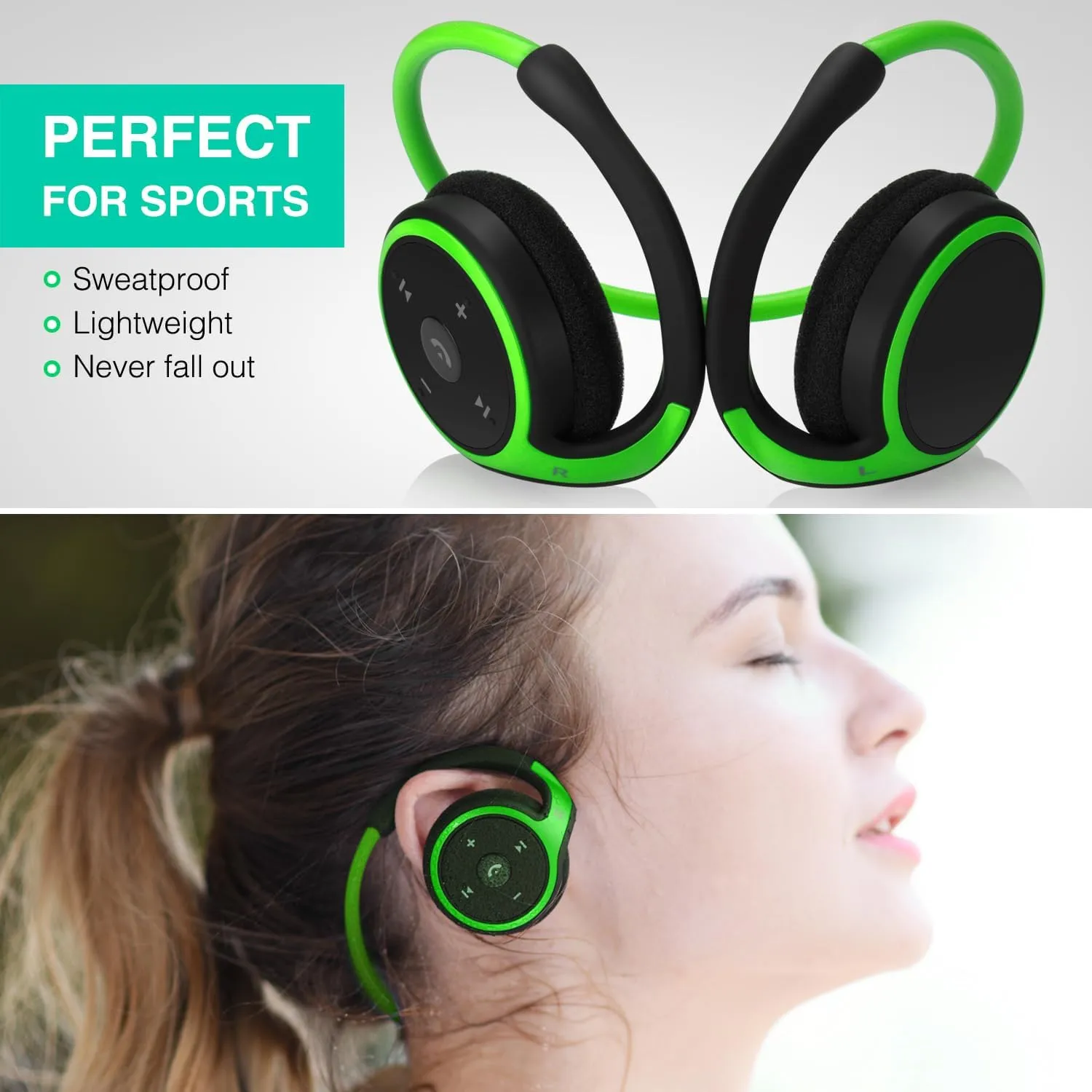 Small Bluetooth Headphones Wrap Around Head - Sports Wireless Headset with Built in Microphone and Crystal-Clear Sound, Foldable and Carried in The Purse, and 12-Hour Battery Life, Green