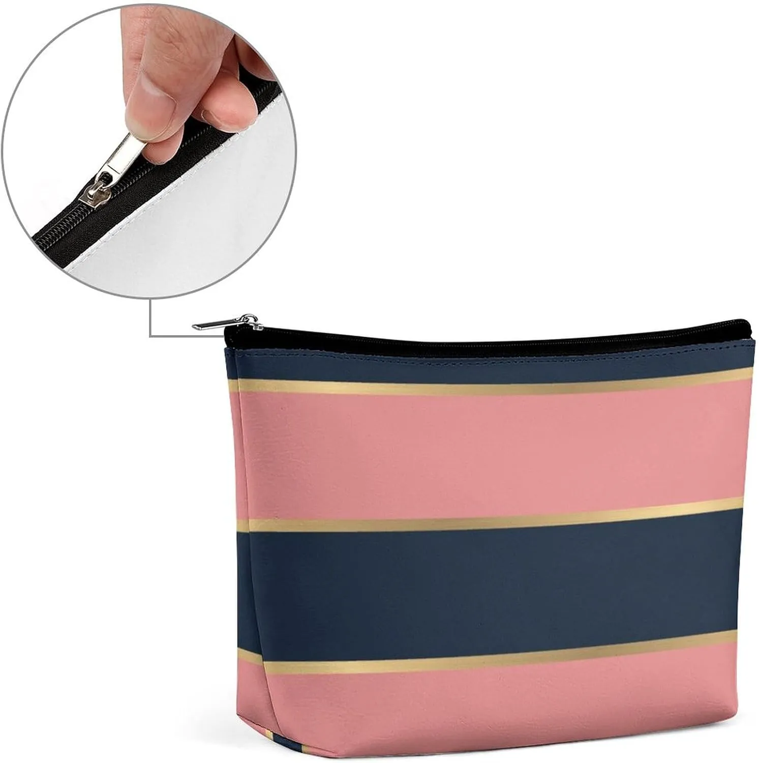 Small Cosmetic Bag, Bold Pink Blue Gold Stripe Pattern Makeup Bags Elegant Roomy Pouch for Women,Travel Toiletry Accessories Organizer