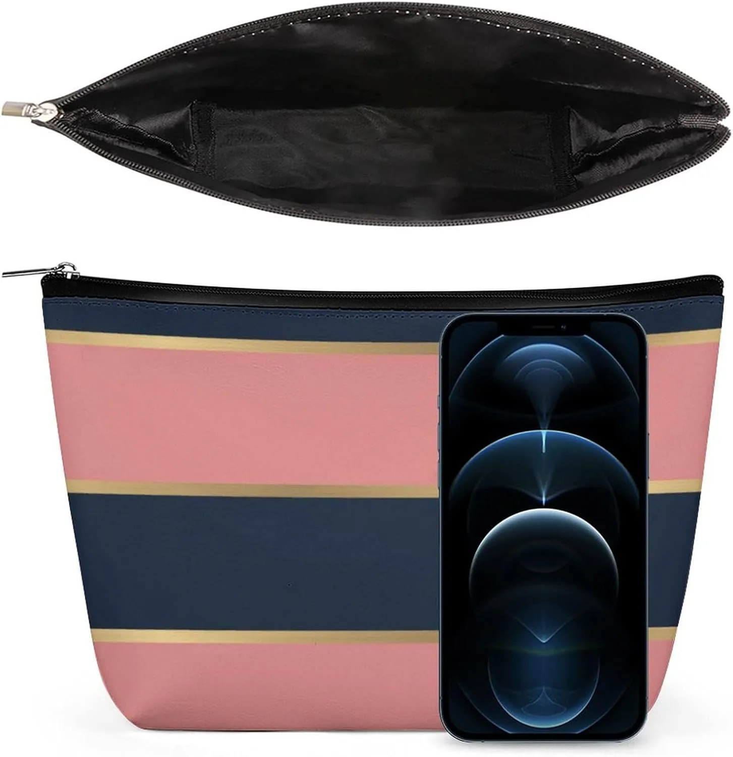 Small Cosmetic Bag, Bold Pink Blue Gold Stripe Pattern Makeup Bags Elegant Roomy Pouch for Women,Travel Toiletry Accessories Organizer