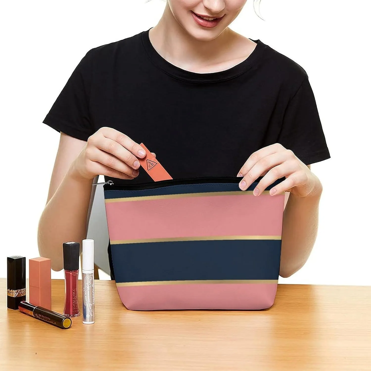 Small Cosmetic Bag, Bold Pink Blue Gold Stripe Pattern Makeup Bags Elegant Roomy Pouch for Women,Travel Toiletry Accessories Organizer