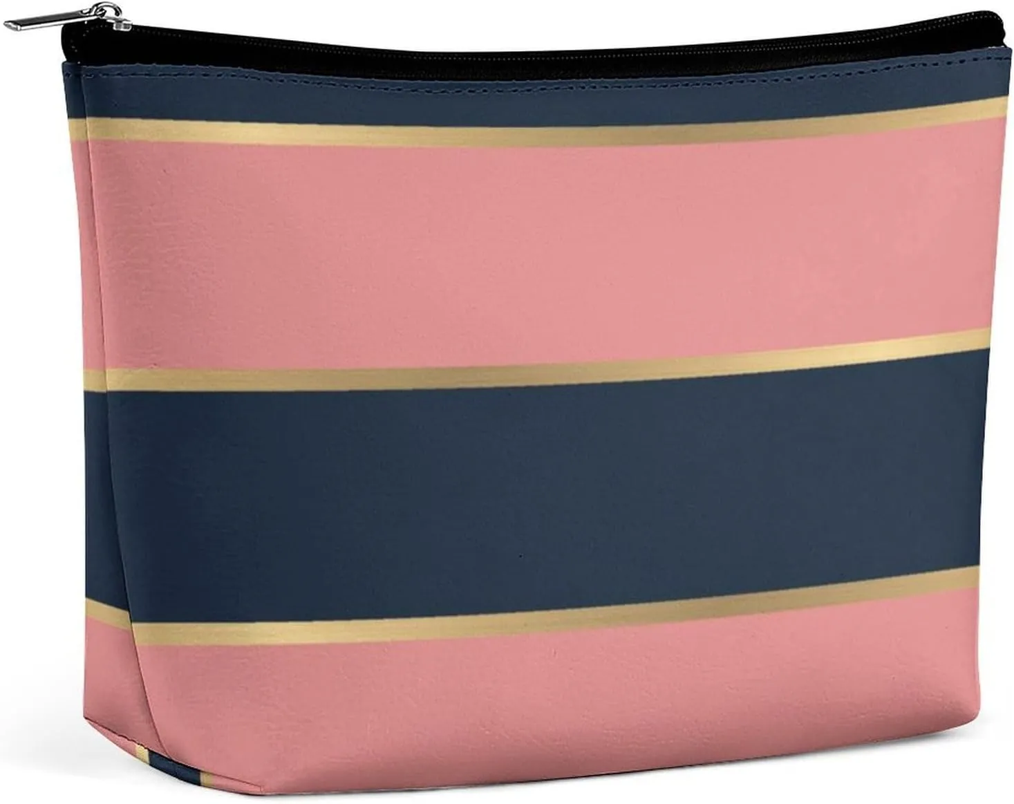 Small Cosmetic Bag, Bold Pink Blue Gold Stripe Pattern Makeup Bags Elegant Roomy Pouch for Women,Travel Toiletry Accessories Organizer