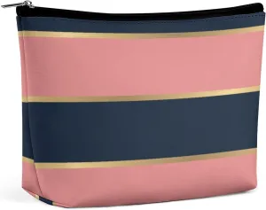 Small Cosmetic Bag, Bold Pink Blue Gold Stripe Pattern Makeup Bags Elegant Roomy Pouch for Women,Travel Toiletry Accessories Organizer