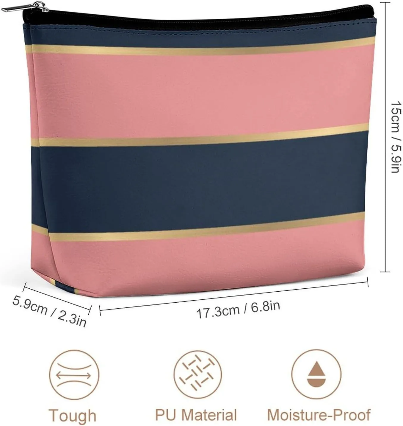 Small Cosmetic Bag, Bold Pink Blue Gold Stripe Pattern Makeup Bags Elegant Roomy Pouch for Women,Travel Toiletry Accessories Organizer