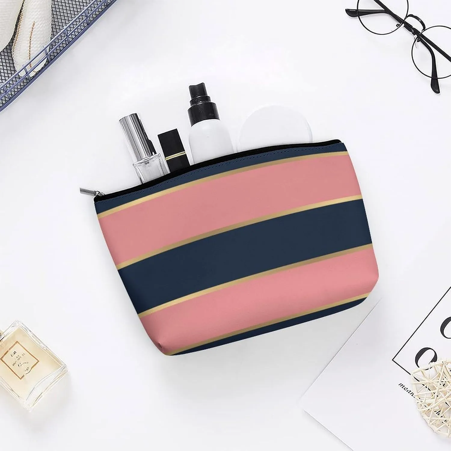 Small Cosmetic Bag, Bold Pink Blue Gold Stripe Pattern Makeup Bags Elegant Roomy Pouch for Women,Travel Toiletry Accessories Organizer