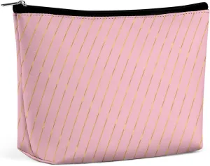 Small Cosmetic Bag, Gold Stripes Glam Pink Makeup Bags Elegant Roomy Pouch for Women,Travel Toiletry Accessories Organizer