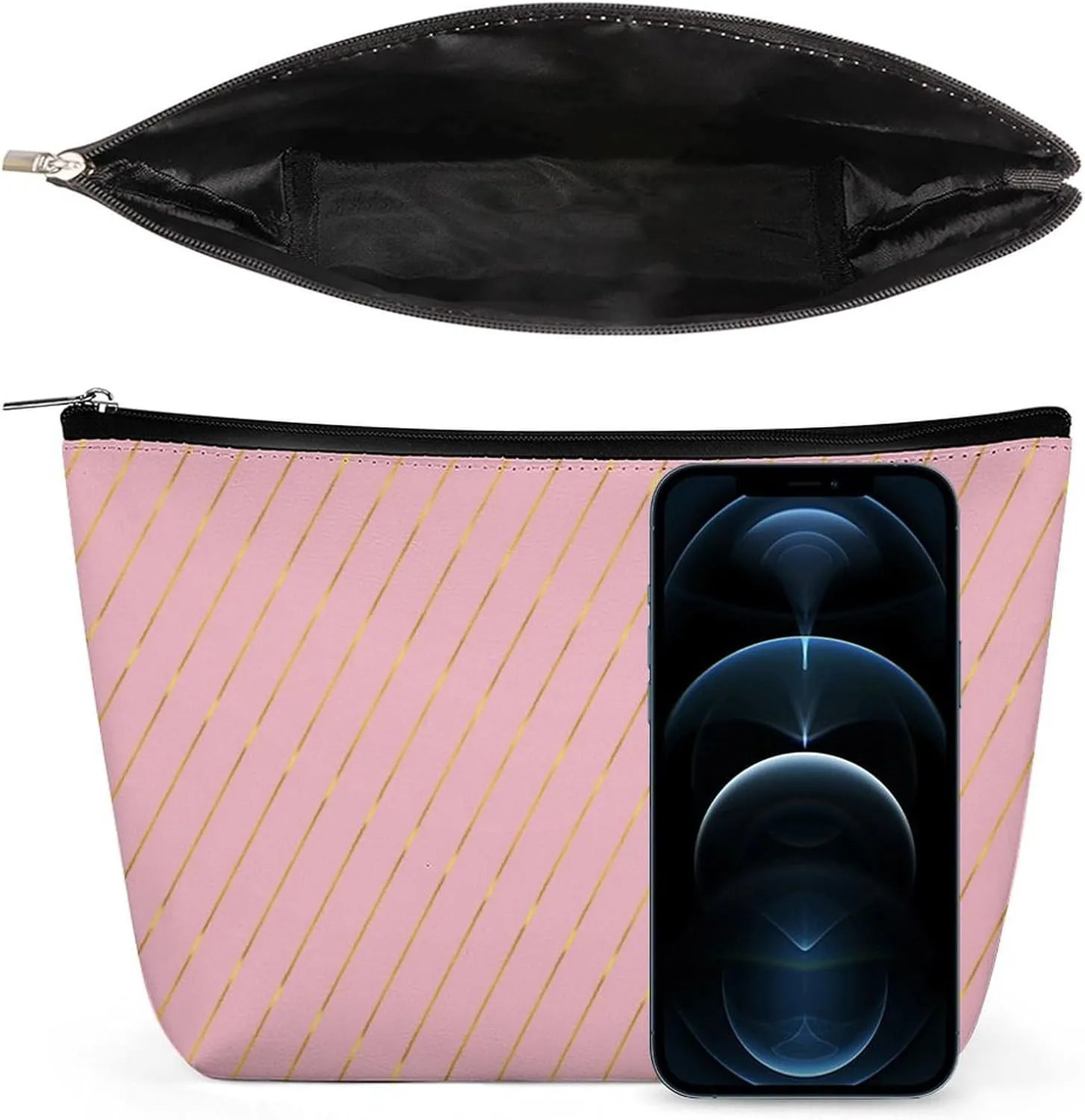 Small Cosmetic Bag, Gold Stripes Glam Pink Makeup Bags Elegant Roomy Pouch for Women,Travel Toiletry Accessories Organizer