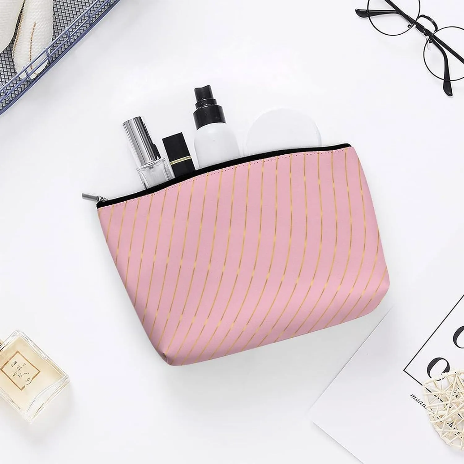 Small Cosmetic Bag, Gold Stripes Glam Pink Makeup Bags Elegant Roomy Pouch for Women,Travel Toiletry Accessories Organizer